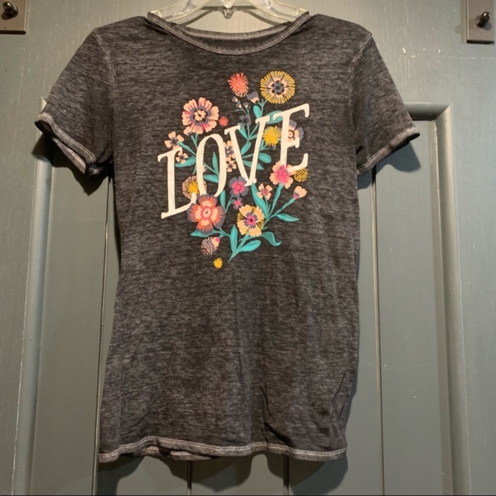 Mudd Girls Short Sleeve Floral Love Tshirt Black Sheer